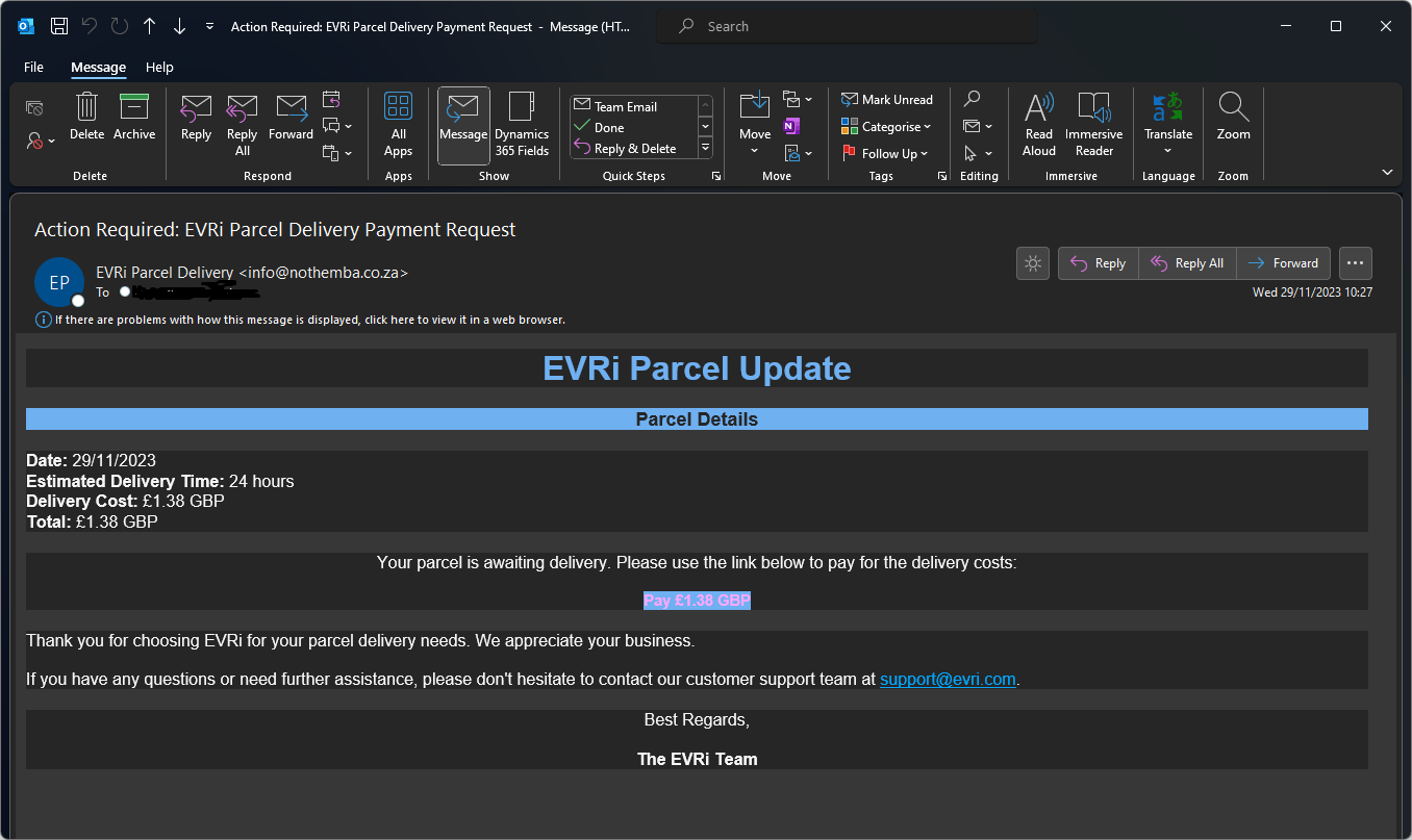 Action Required: EVRi Parcel Delivery Payment Request